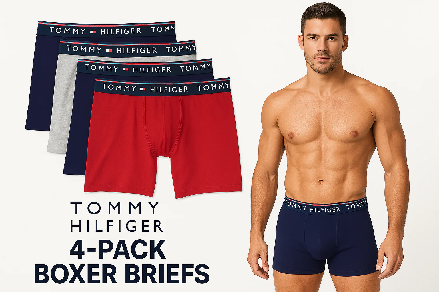 Paquete de 4 Boxer Briefs Tommy Hilfiger 🇺🇸 Tela algodón stretch color rojo, gris y negro Talla M